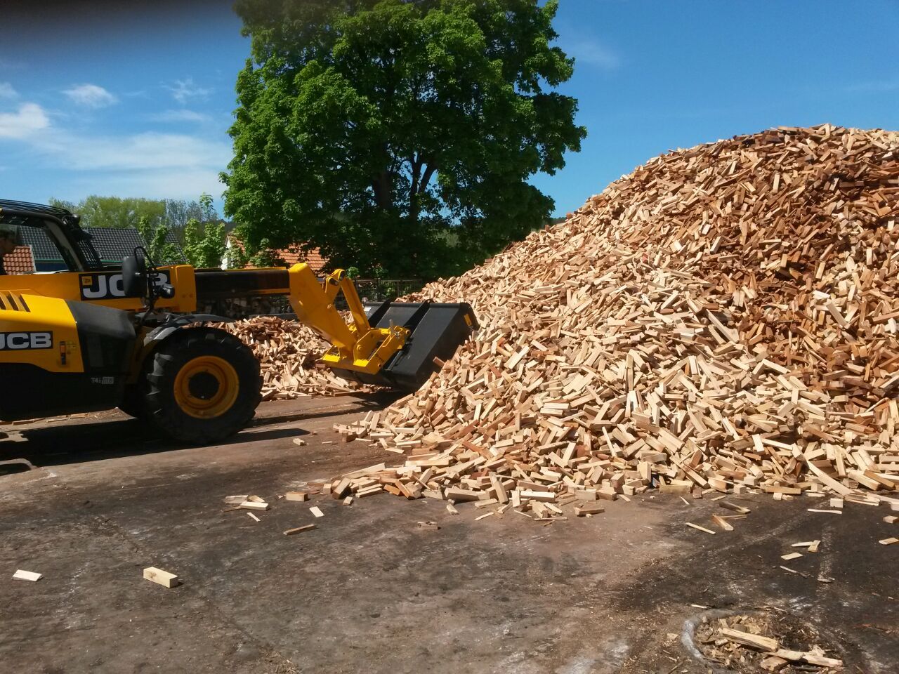 Radlader am großen Industrieholz-Lager auf dem Hof